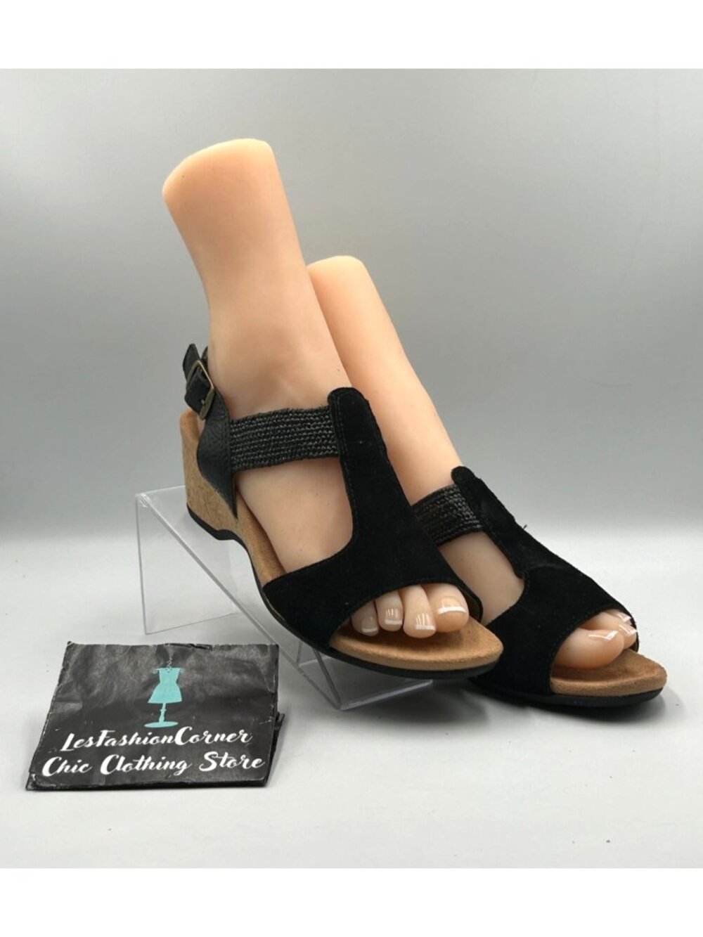 Vionic Women's Black Suede Kaytie T-Strap Cork Wedge Sandals Size 8 3522 - Picture 11 of 16